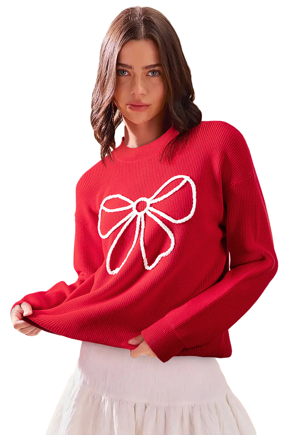 Fiery Red Bow Embroidered Graphic Ribbed Sweater Top For Women Casual Everyday Knitwear Dear-Lover Dropshipping